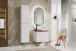 Komplektas 60 cm su stalviršiu, praustuvė Wiki, spintelė aukšta ir veidrodžiu led