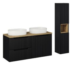 Komplektas 120 cm su stalviršiu, 2 praustuvai Beyond ir spintelė aukšta