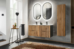 Komplektas 120 cm su praustuvu, spintelė aukšta ir veidrodžiu