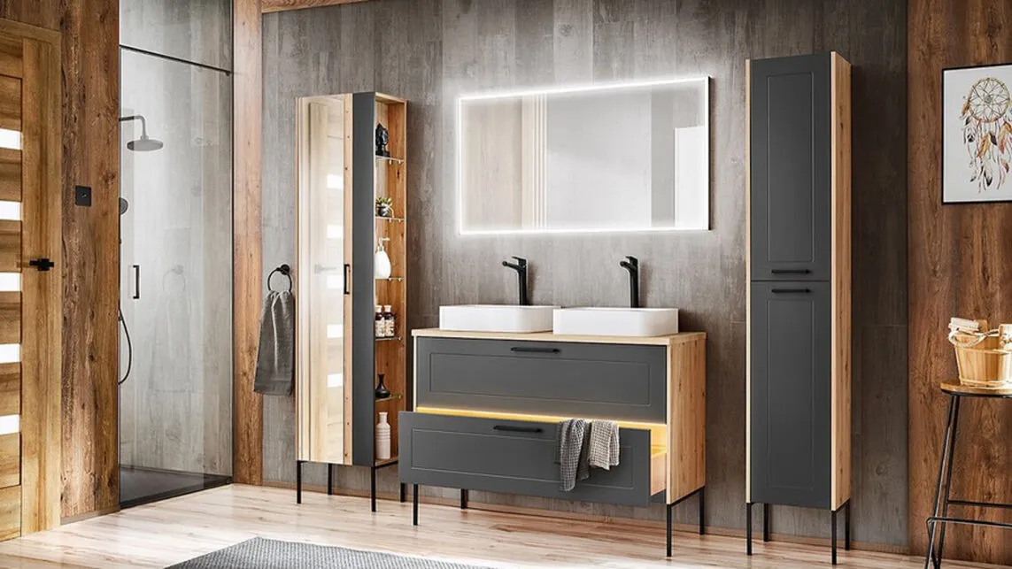 BA-GS203022-9 Pilka vonios spintelė MADERA GREY 803 su stalčiais