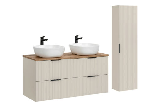 Komplektas 120 cm su stalviršiu, 2 praustuvai Smile ir spintelė aukšta