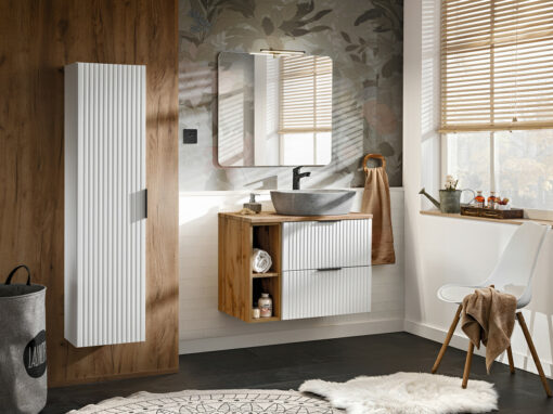 Komplektas 80 cm su stalviršiu, praustuvė Anna, spintelė aukšta ir veidrodžiu