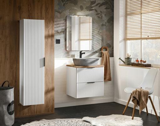 Komplektas 60 cm su stalviršiu, praustuvė Anna, spintelė aukšta ir veidrodžiu