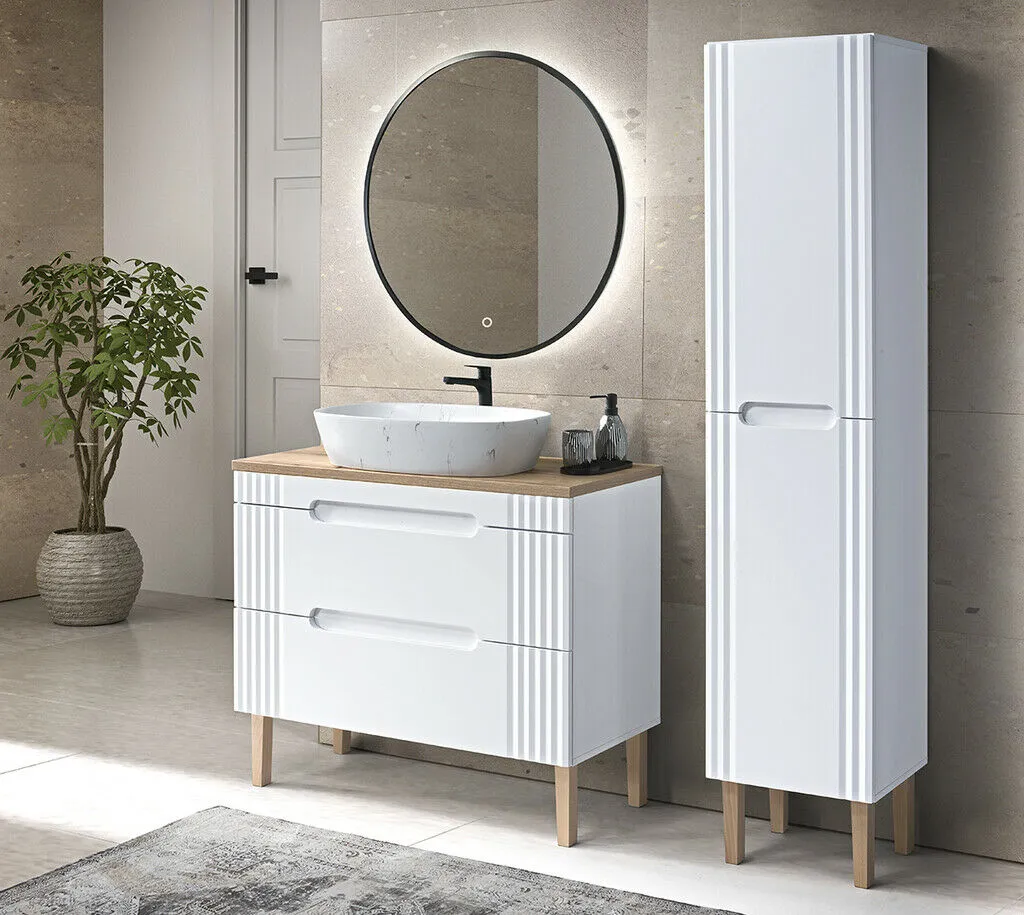 BA-VL100187-1 Komplektas 100 cm su praustuvu , spintelė aukšta ir veidrodžiu led