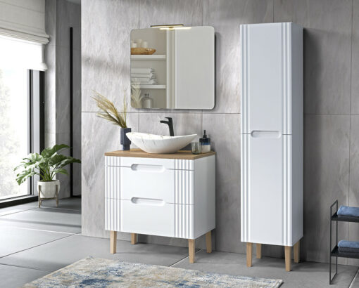 Komplektas 80 cm su praustuvu , spintelė aukšta ir veidrodžiu 80 cm