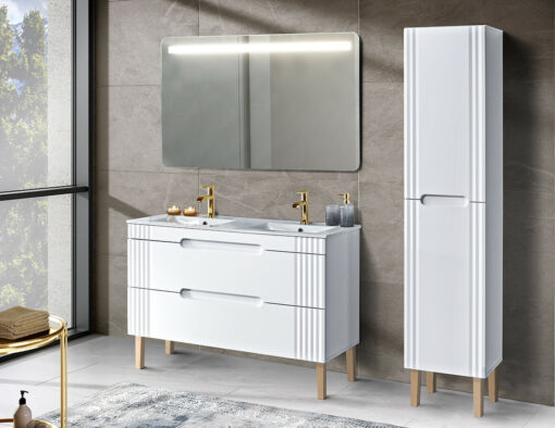 Komplektas 120 cm su praustuvu, spintelė aukšta ir veidrodžiu