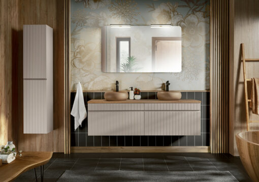 Komplektas 160 cm su stalviršiu, 2 praustuvai Wiki, spintelė aukšta ir veidrodžiu