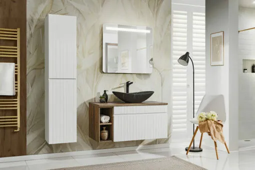 Komplektas 100 cm su stalviršiu, praustuvė Lena, spintelė aukšta ir veidrodžiu led