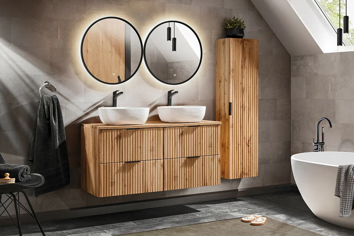 BA-VL100384-3 Modernus veidrodis su LED apšvietimu vonios interjerui