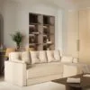 Minkštas kampas su pilku audiniu ir moderniu dizainu