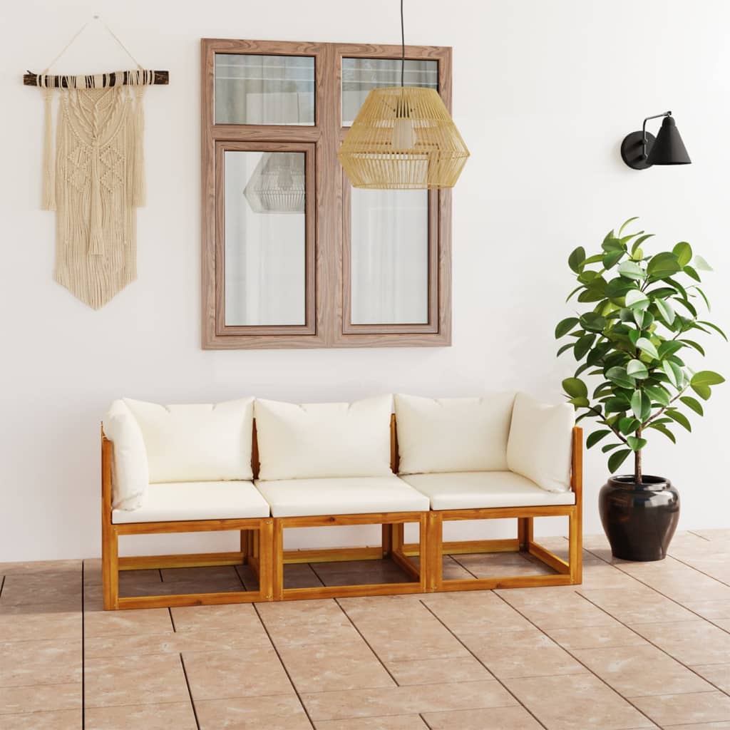 ba-vd100137-1 Trivietė sodo sofa su pagalvėlėmis, kreminė, akacijos masyvas