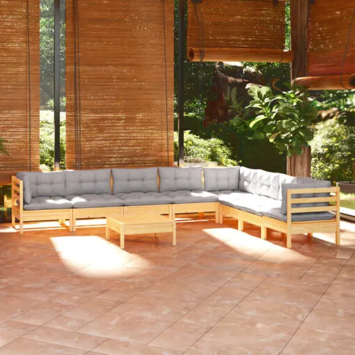 Sodo komplektas su pilkomis pagalvėmis, 9 dalių, pušis