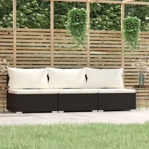 Trivietė sofa su pagalvėlėmis, juodos spalvos, poliratanas