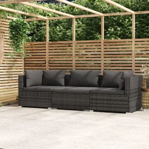 Trivietė sofa su pagalvėlėmis, pilkos spalvos, poliratanas
