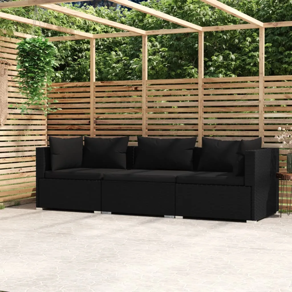 Trivietė sofa su pagalvėlėmis, juodos spalvos, poliratanas