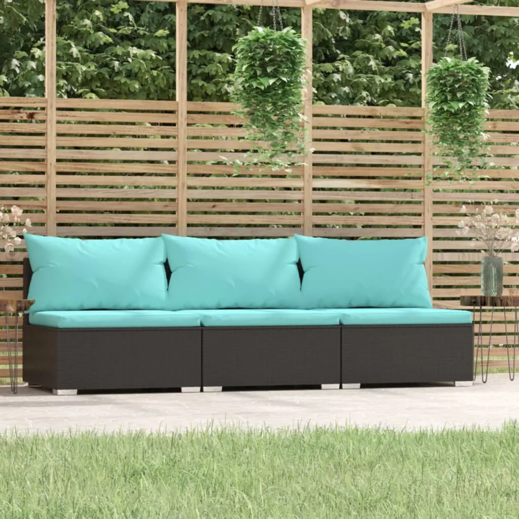 Trivietė sofa su pagalvėlėmis, juodos spalvos, poliratanas