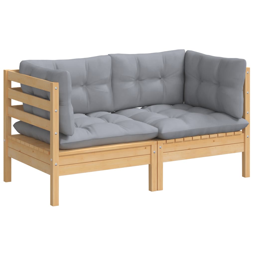 Dvivietė pušies sodo sofa su pilkomis pagalvėlėmis