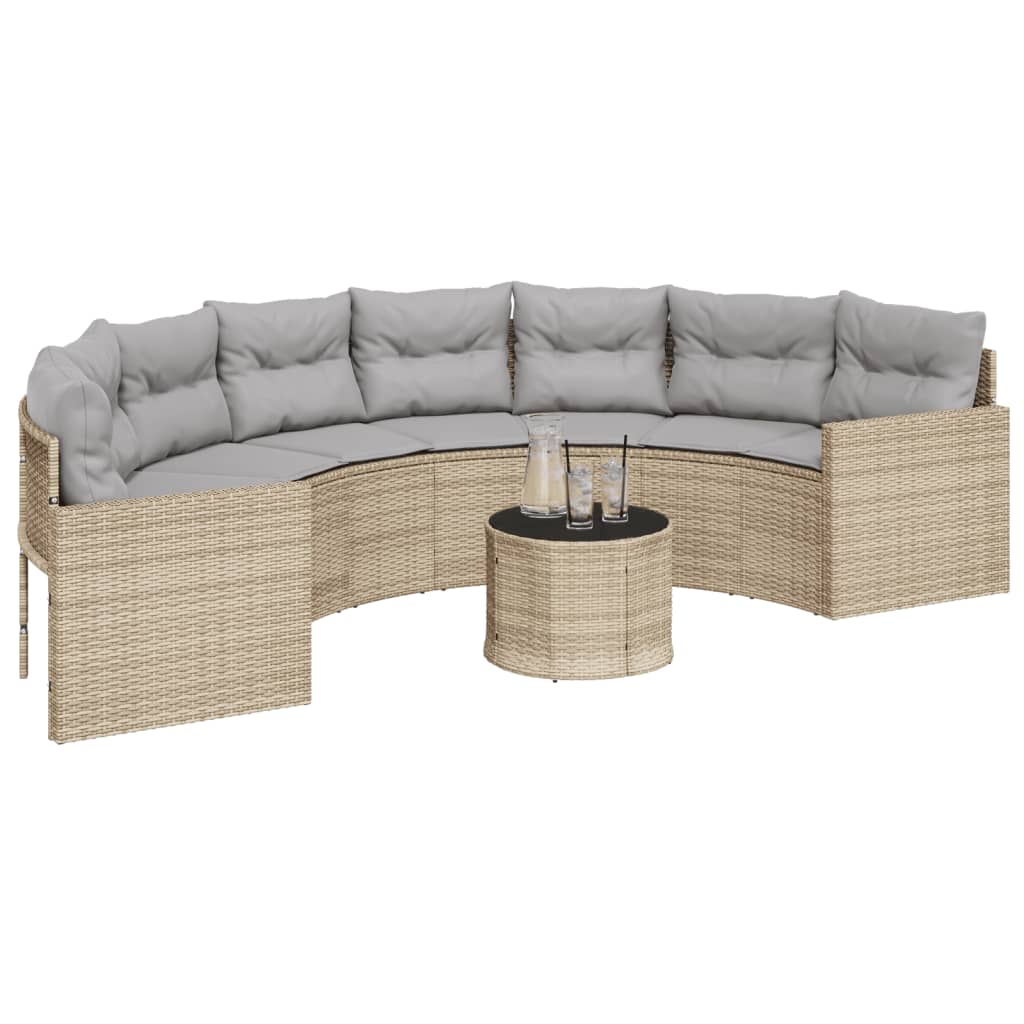 Smėlio spalvos pusapvalė sodo sofa su stalu ir pagalvėlėmis