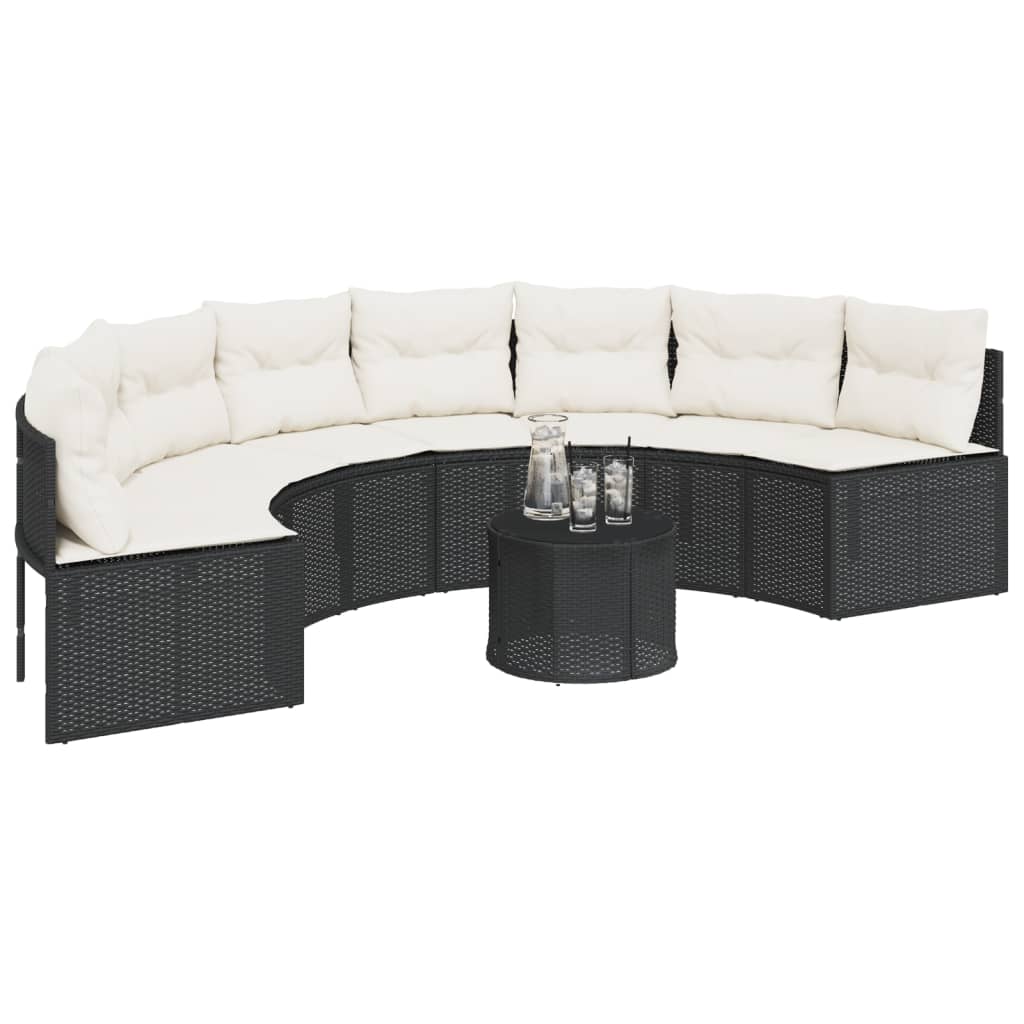 Juoda pusapvalė sodo sofa su stalu ir pagalvėlėmis