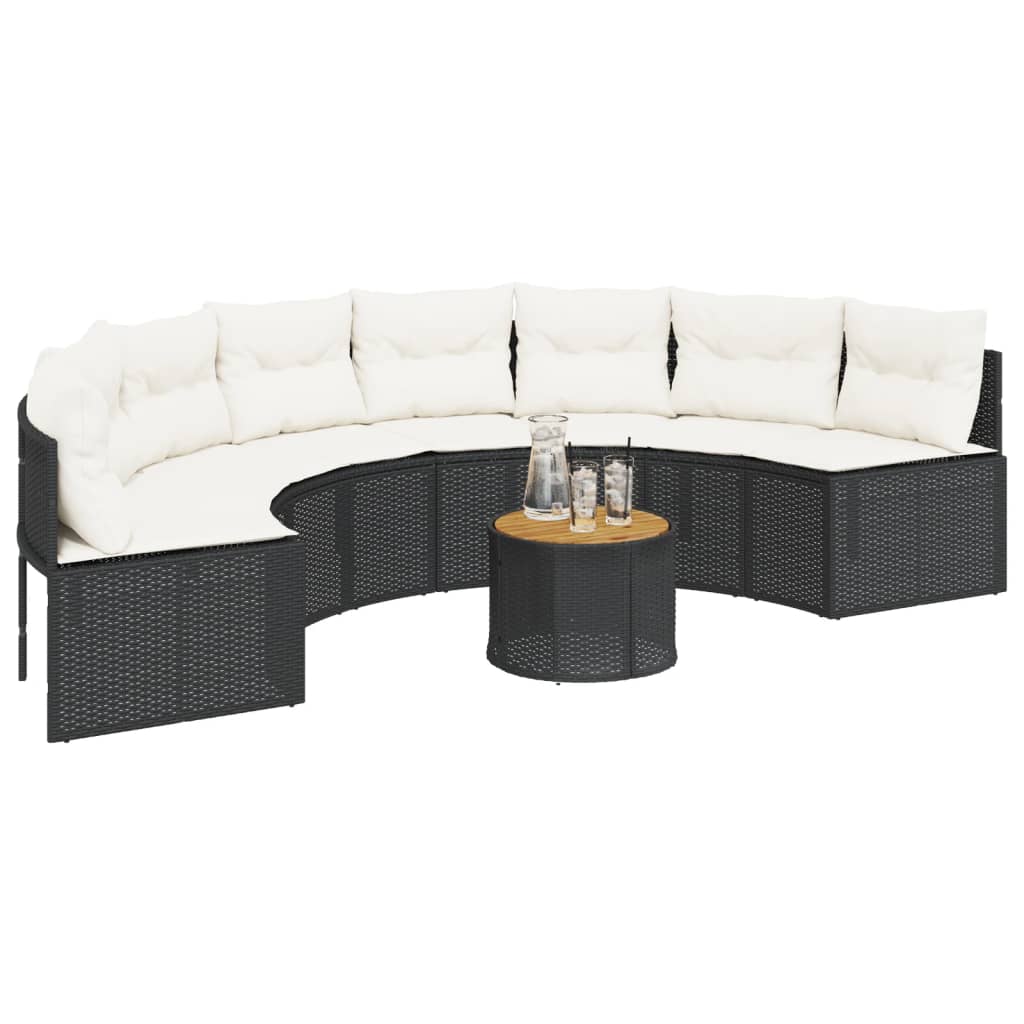 Juoda pusapvalė poliratano sodo sofa su stalu
