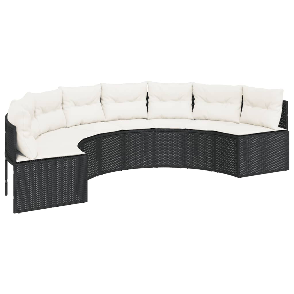Juoda pusapvalė sodo sofa su stalu ir pagalvėlėmis
