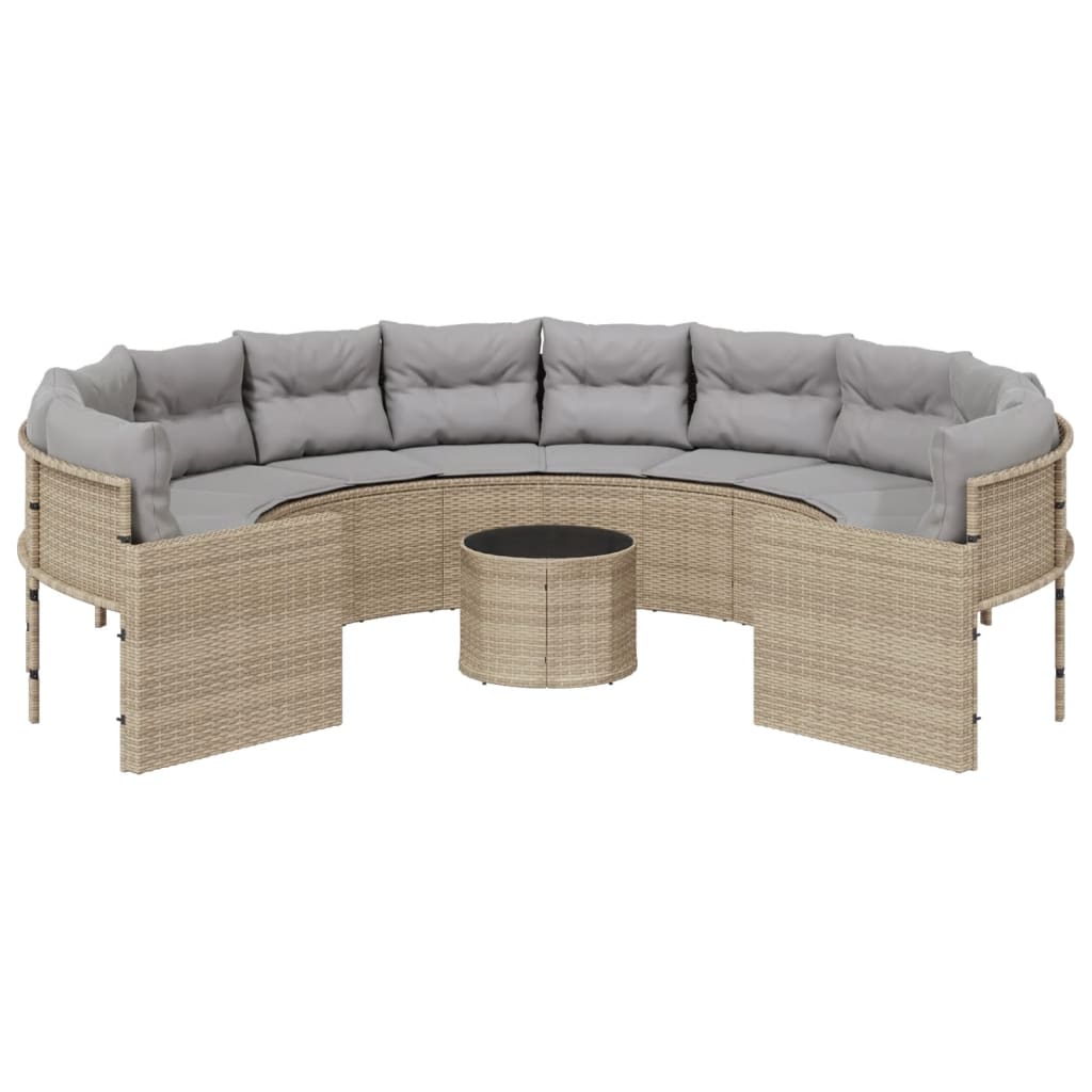 Apvali smėlio spalvos sodo sofa su stalu ir pagalvėlėmis