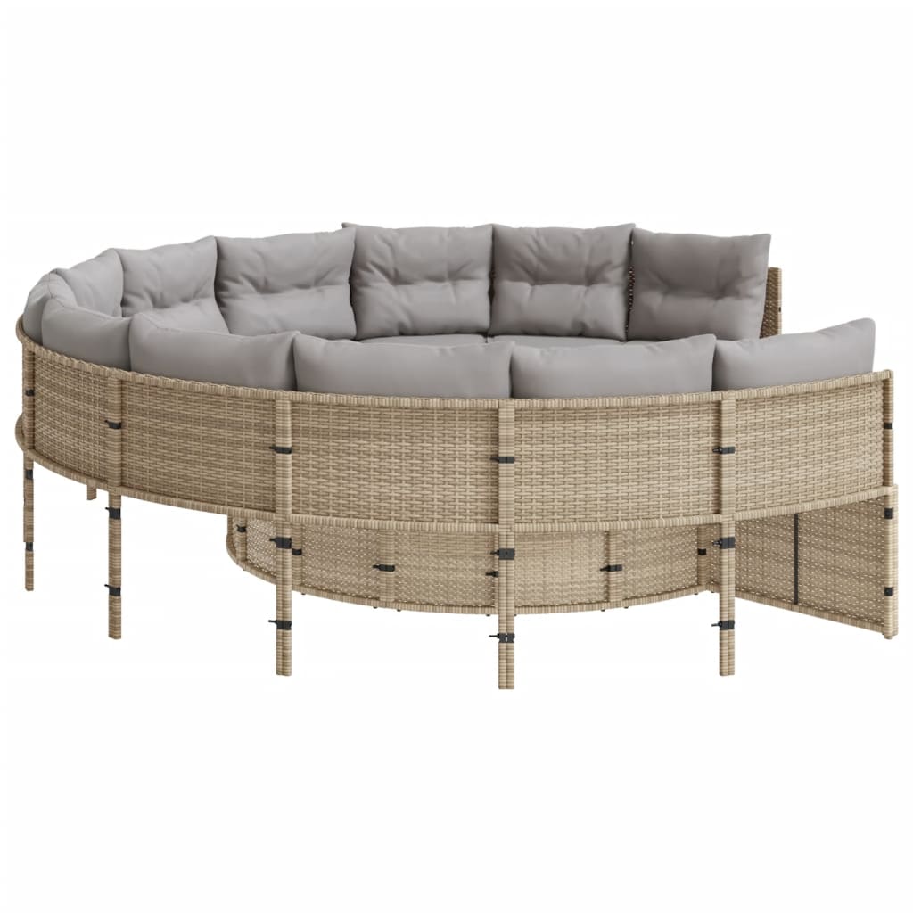 Smėlio spalvos apvali sodo sofa su pagalvėlėmis