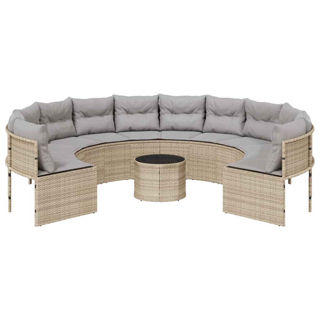 Smėlio spalvos apvali sodo sofa su stalu ir pagalvėlėmis