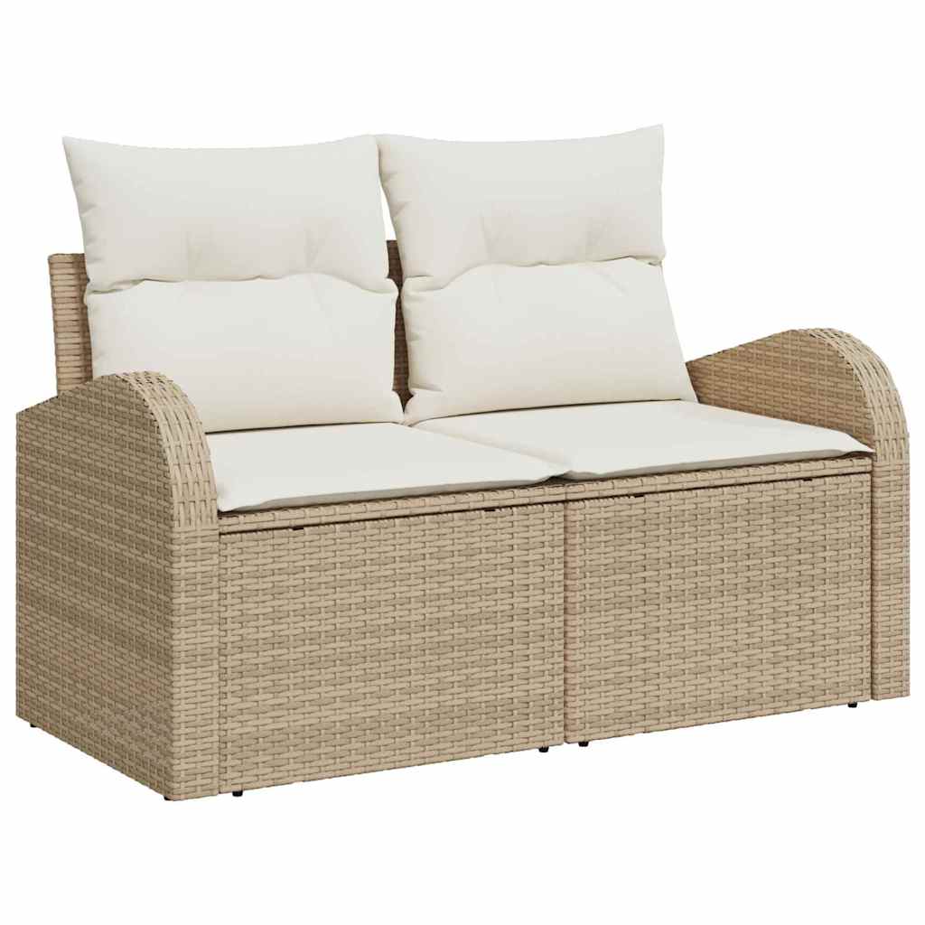 Smėlio spalvos poliratano sodo sofa su pagalvėlėmis
