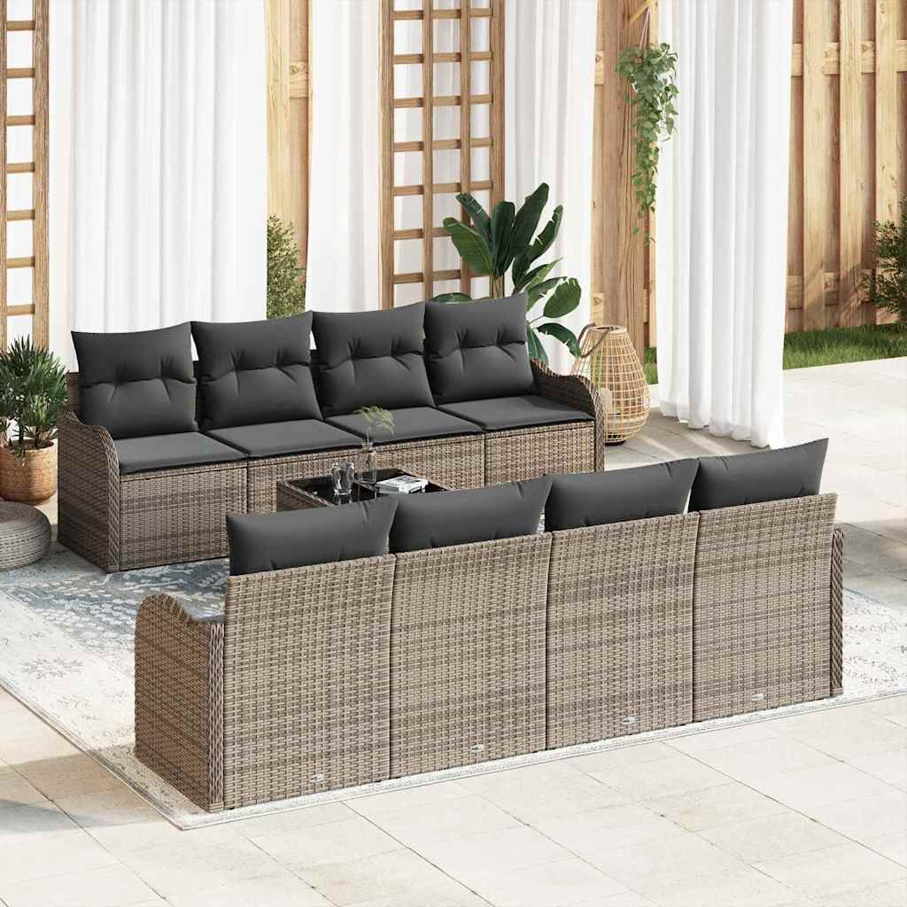 Sodo Sofų Rinkinys 9 pcs Pilka Poli Ratanas, Plienas ir Stiklas