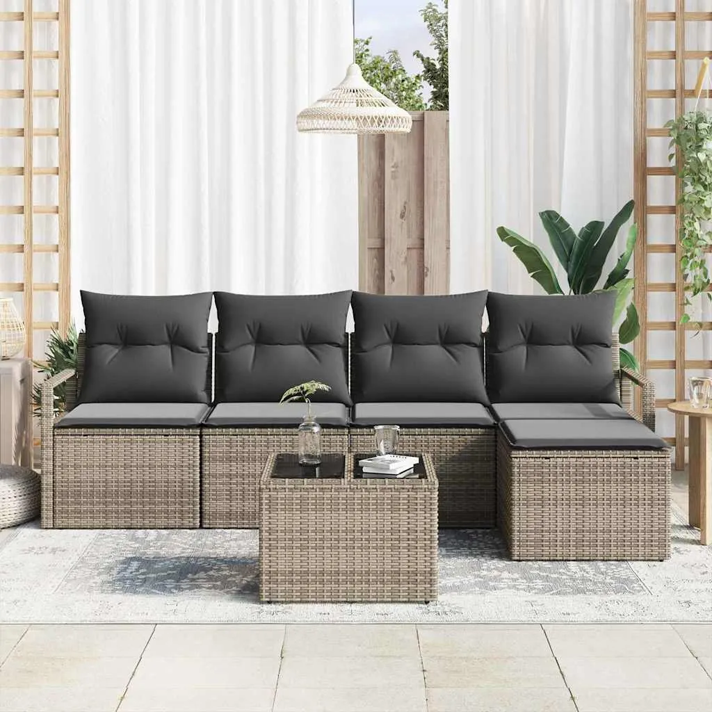Šviesiai pilkas poliratano sofos komplektas su pagalvėmis lauko terasai